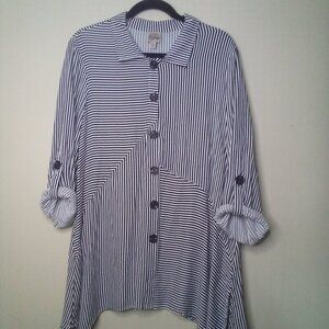 Como Vintage Shirt Blouse L 3/4 Roll Tab Sleeve Button Up Stripe Black White